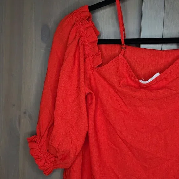Elodie Blouse Womens XS Red Orange Cold Shoulder Elastic Cuff Sleeve Ruffle - Picture 6 of 11